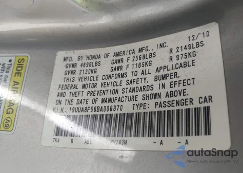 2011 Acura Tl 3.5 z USA, uszkodzony, nr VIN 19UUA8F56BA006870